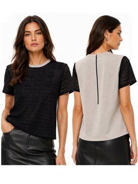 Judith & Charles Lace Top Front Contrast Tan Short Sleeve Size 10